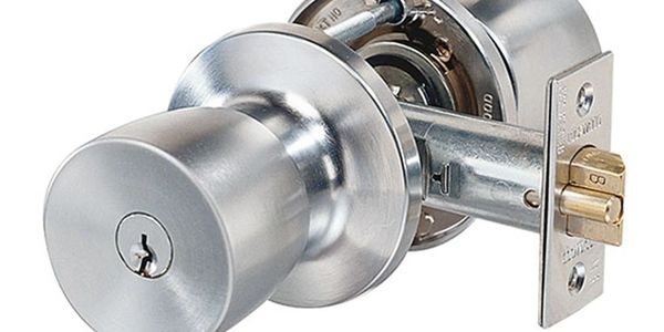 Stainless steel keyed entry door knob lock.