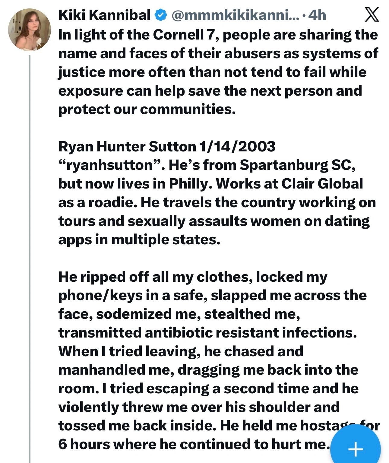 Tweet exposing abuser Ryan Hunter Sutton's violent acts.