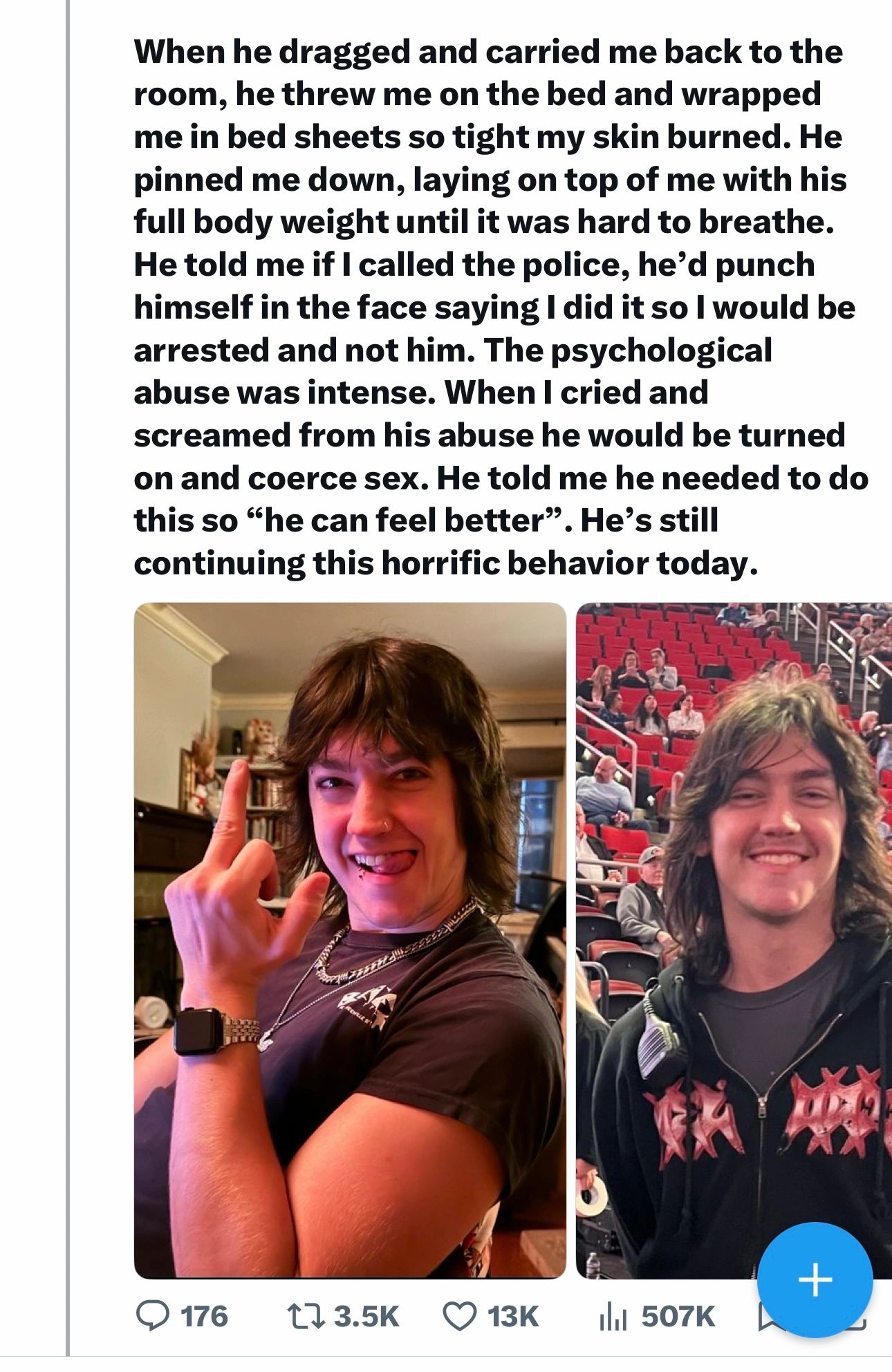 A person shares a harrowing story of abuse alongside two photos.