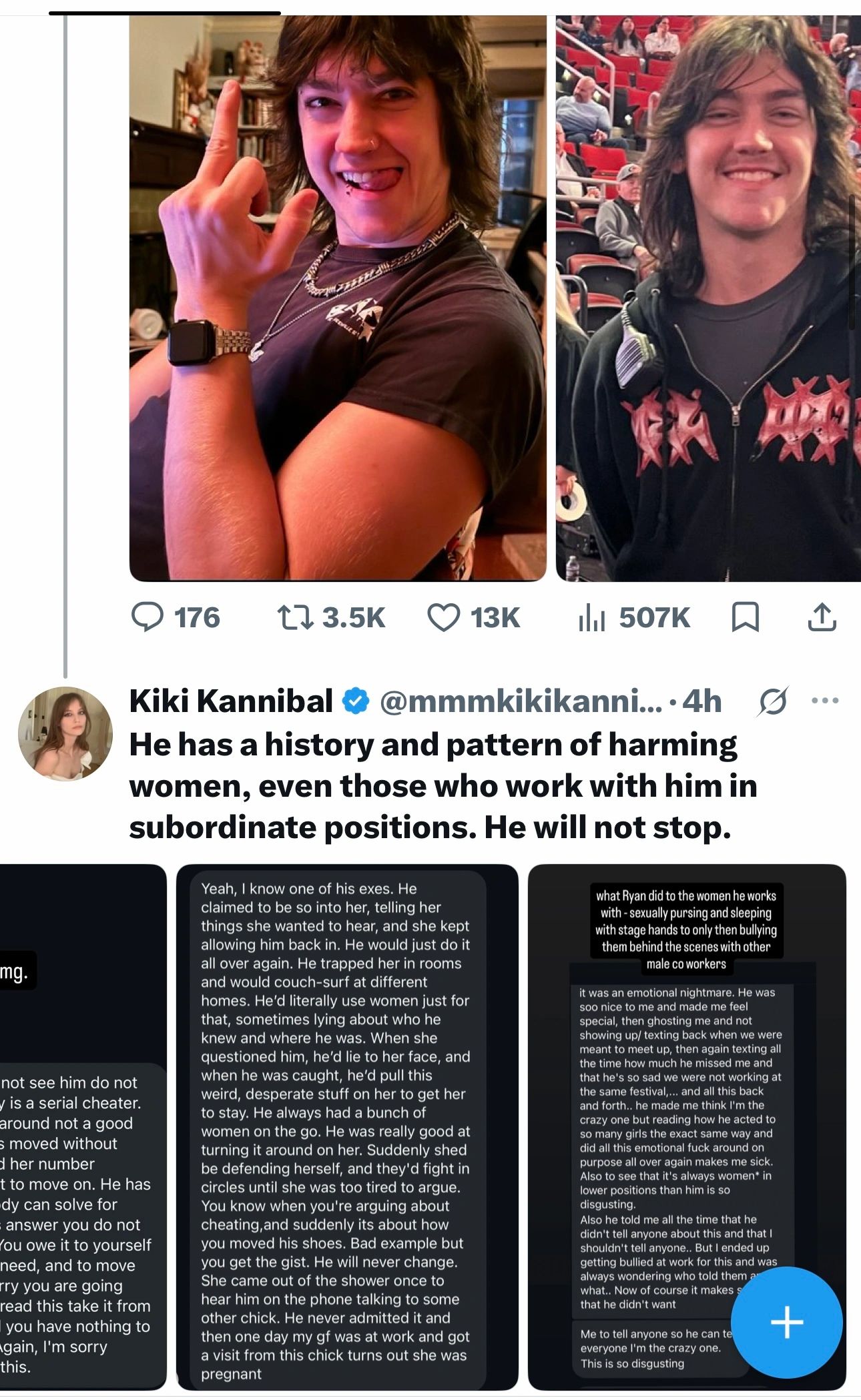 Social media post accusing a man of harming women in subordinate positions.