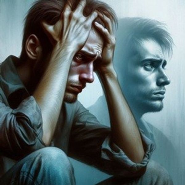Man distressed, with a reflective ghostly image beside him.