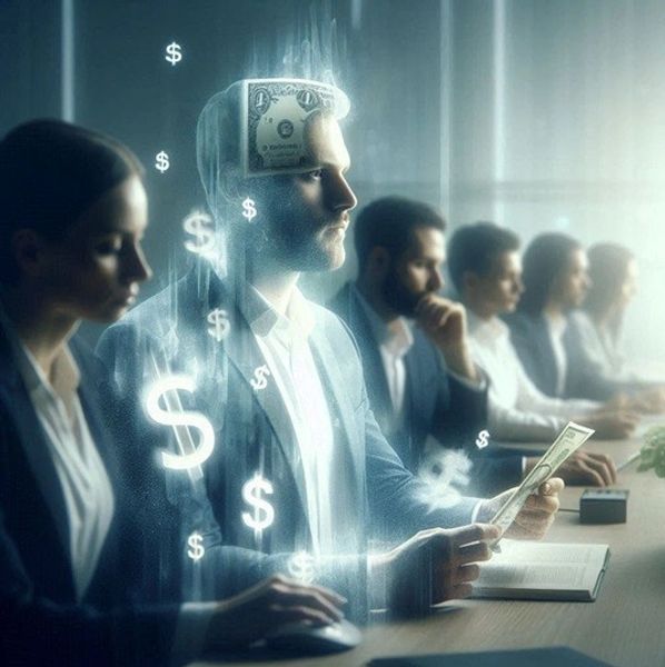 Businessman with dollar signs and money imagery around him.