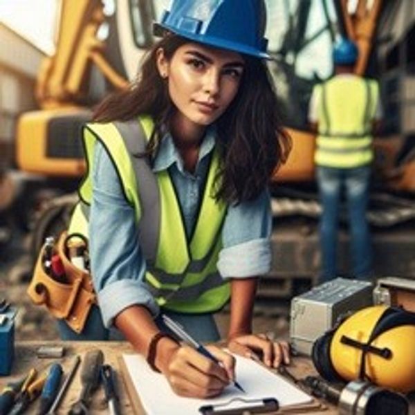 Female engineer in safety gear writing on clipboard at construction site.