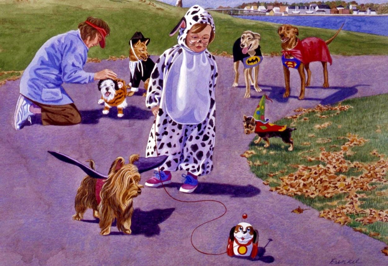 girl in a cow costume with her dog in Salem, Massachusetts
