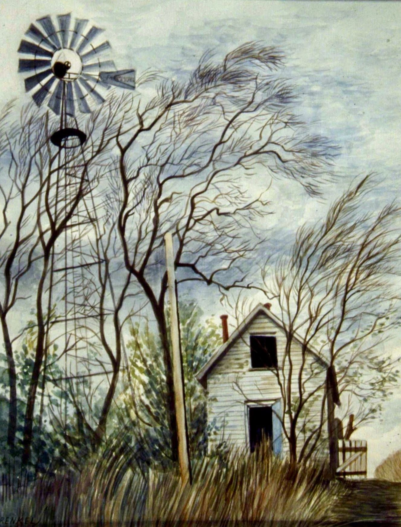 abandoned farmhouse and windmill