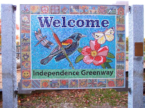 Mosaic sign for a the Independence Greenway bike path in Peabody, MA