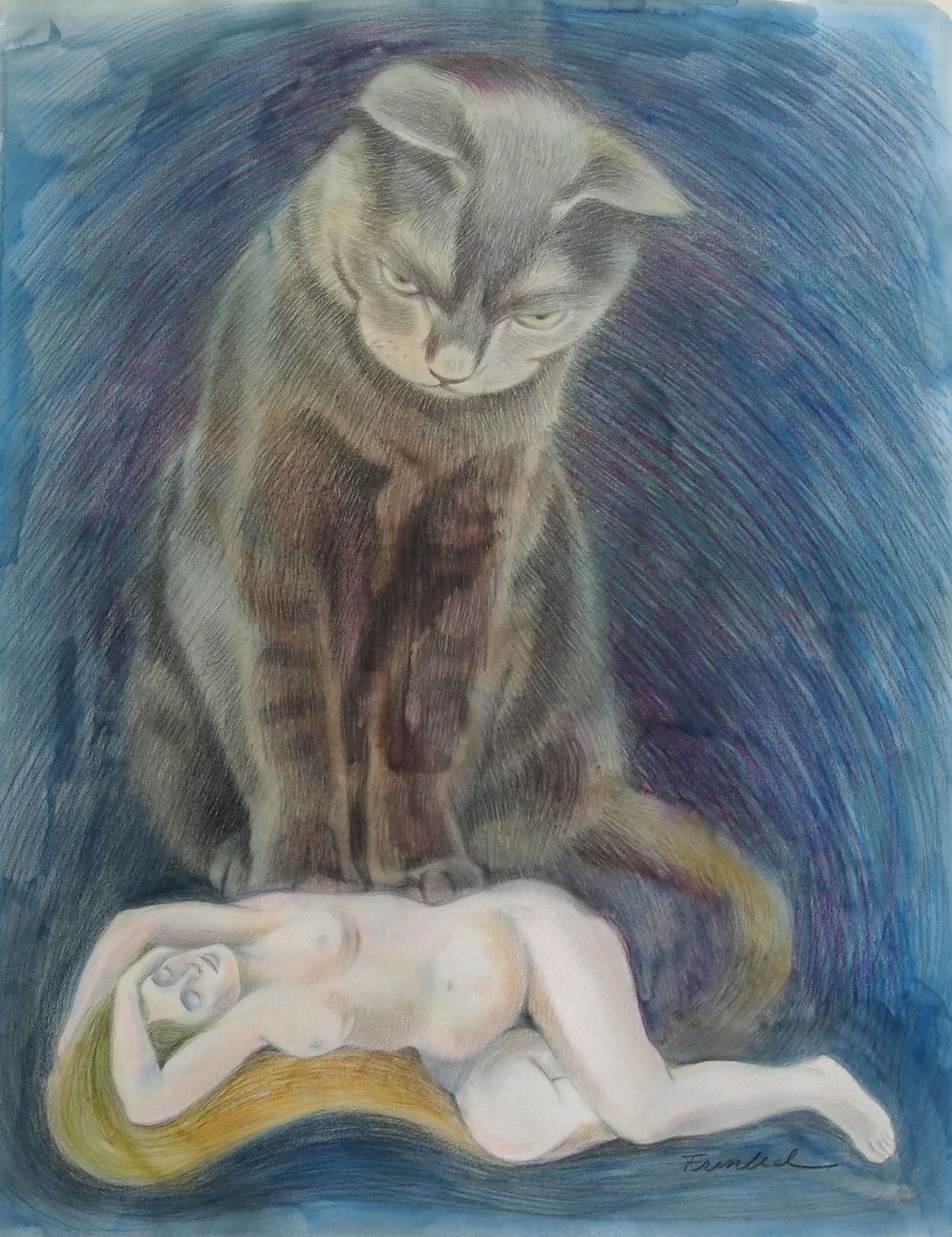 sleeping woman and giant cat