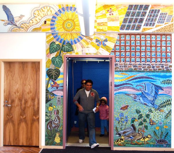 Mosaic elevator surround for Union Crossing Development in Lawrence, MA