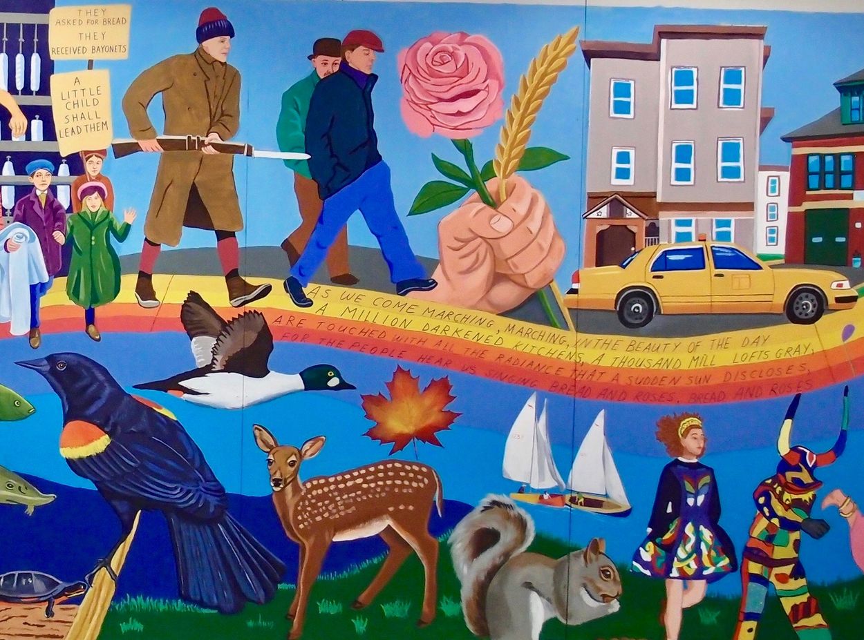 Bread and Roses strike, Lawrence taxi cab,
lines from the song Bread and Roses by Judy Collins