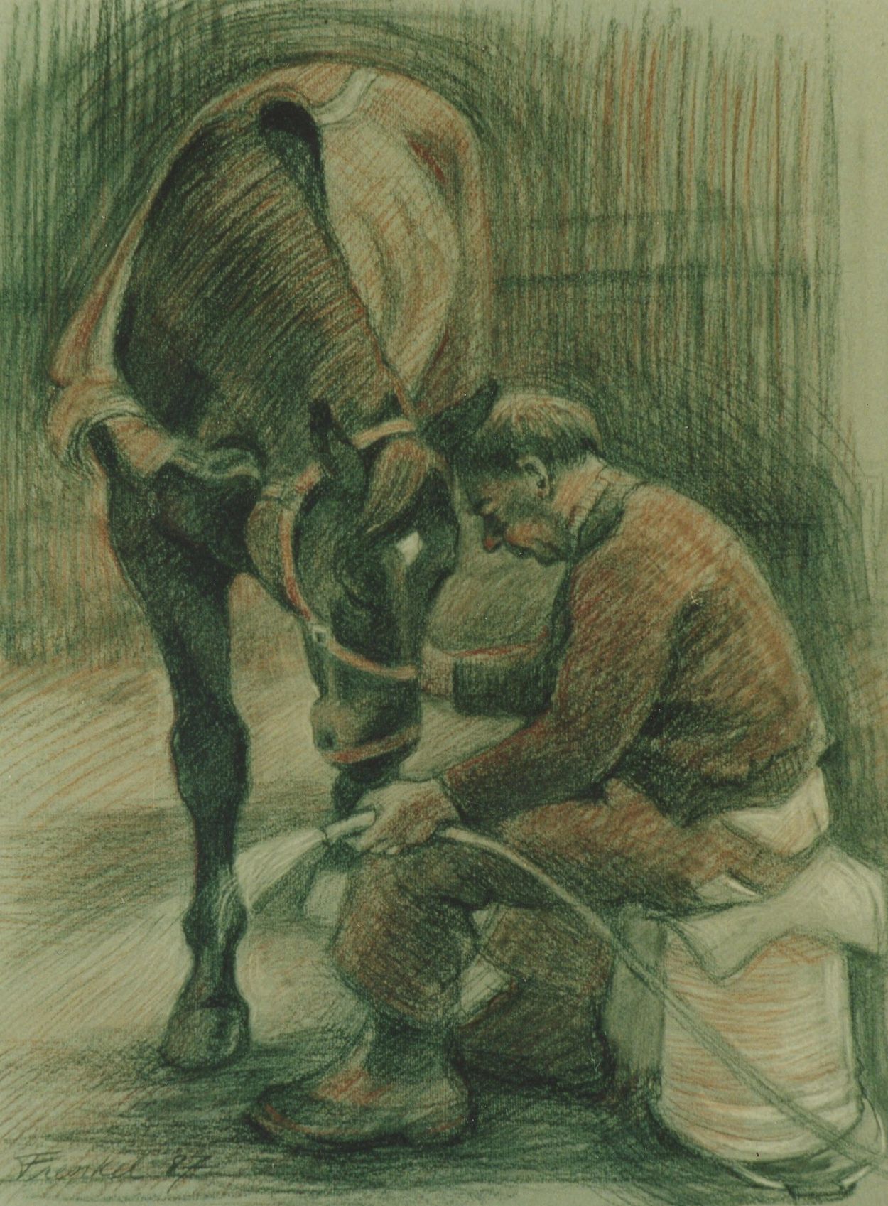 groom hosing down a racehorse at Suffolk Downs racetrack, Revere, Massachusetts