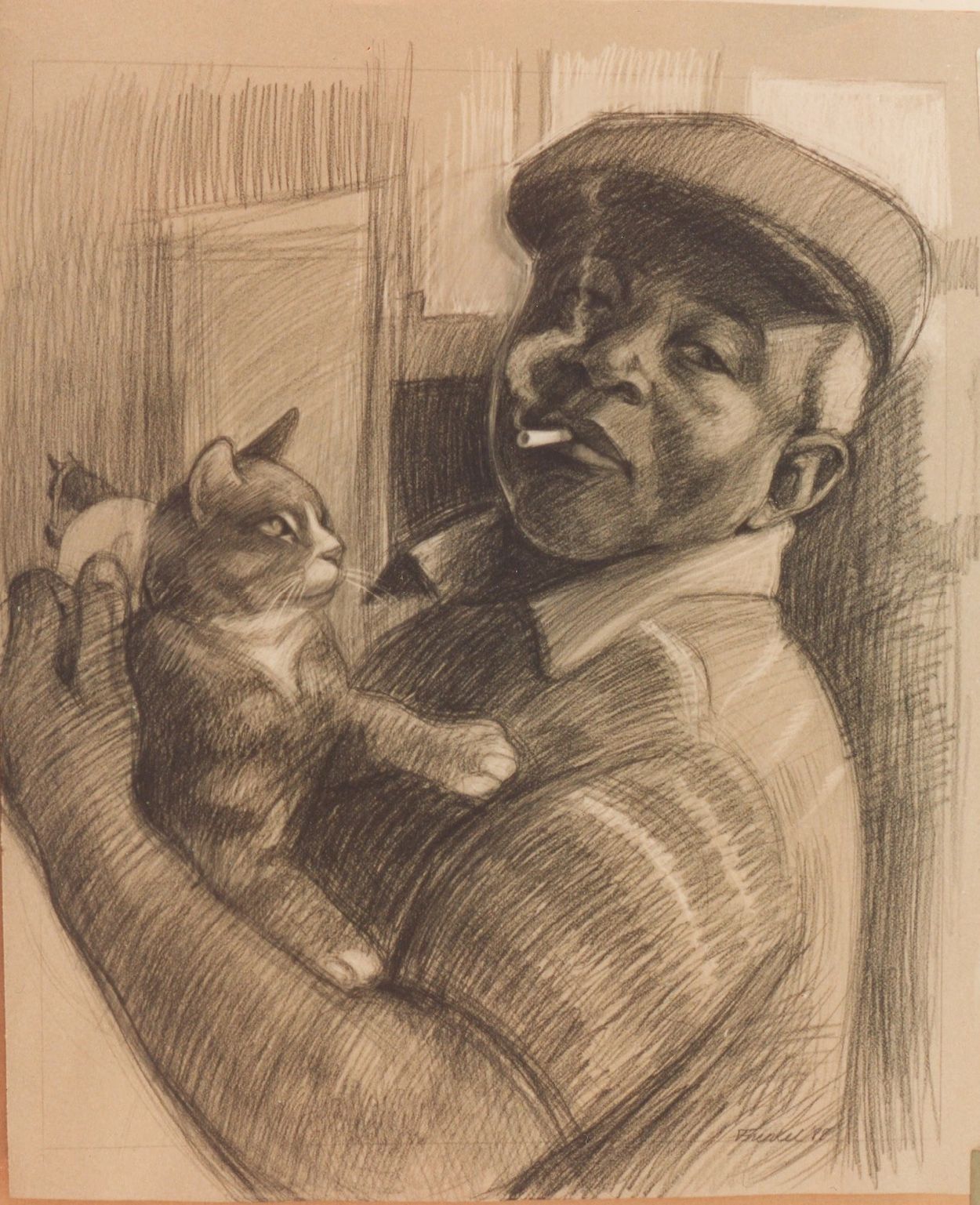 groom with a cat at Suffolk Downs racetrack, Revere, Massachusetts