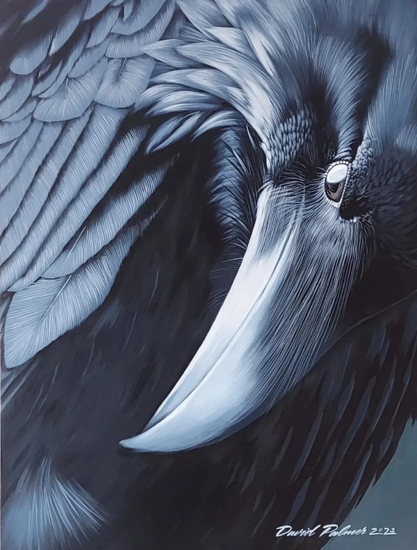 Close-up artistic painting of a raven showing detailed feathers and beak.
