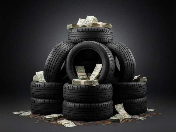 Stack of car tires surrounded by bundles of cash and coins on a dark background.