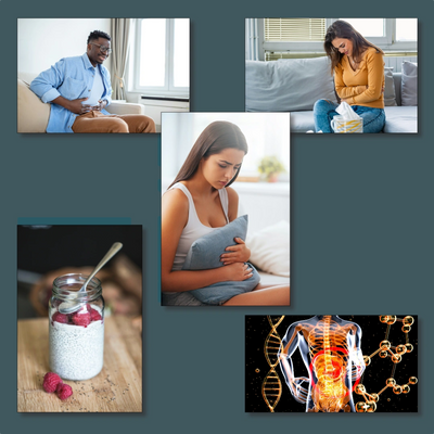 Photo collage of a black man holding stomach, women with stomach discomfort, food concoction