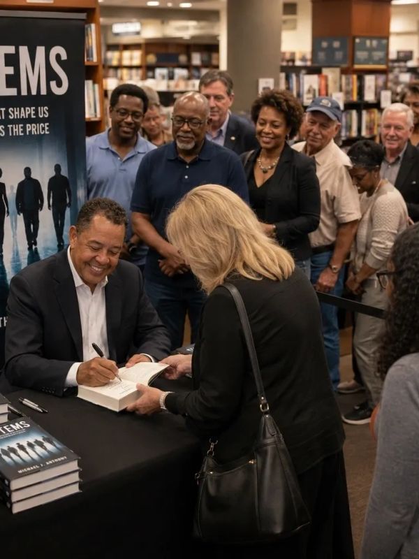 Michael James Anthony signing books for readers at a bookstore event.
