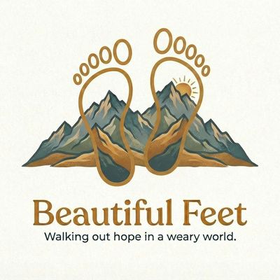 Beautiful Feet logo — two bare footprints over a mountain range at sunrise, with the tagline “Walkin