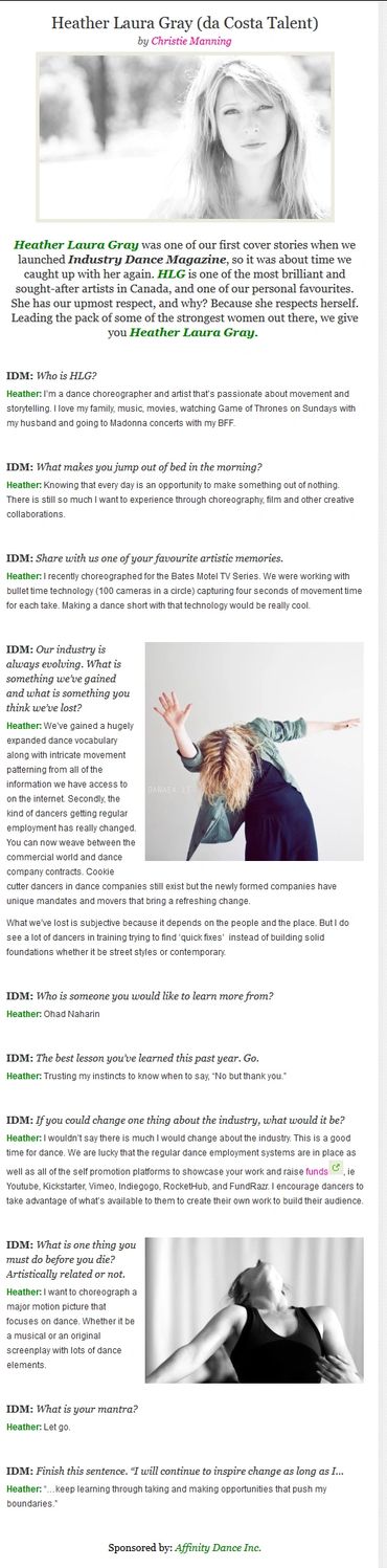 Article about Heather Laura Gray in the Industry Dance Magazine.