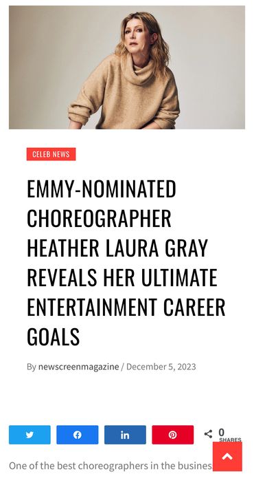 Magazine article about Heather Laura Gray's double nomination for choreography at the C&F Emmy's.
