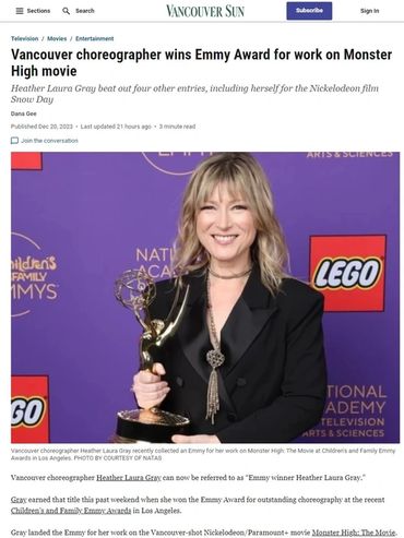 Magazine article about Heather Laura Gray's C&F Emmy win for choreography of Monster High: the movie.