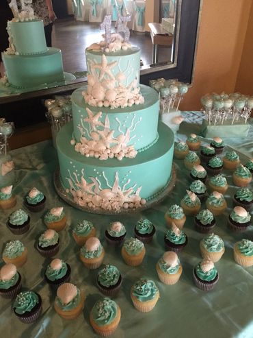 birthday cake cupcakes chocolate vanilla mint cake seashells starfish beach themed