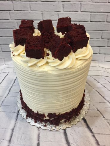 chocolate cake brownies, vanilla whip cream cream cheese frosting