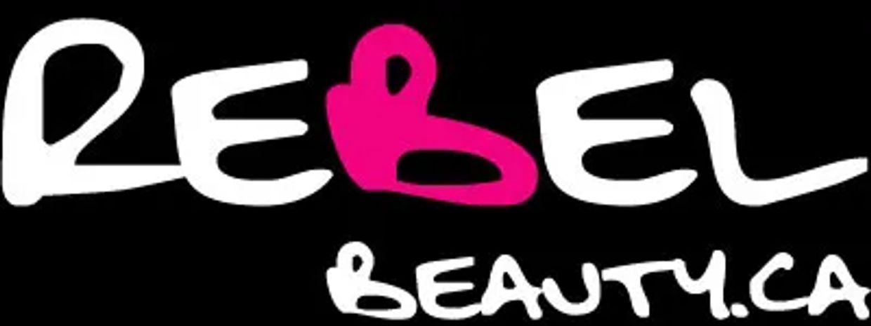 Logo of Rebel Beauty with a stylized pink 'B' on a black background.