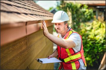 A roofing salesman checking the quality of the work completed by the team of roofing contractors