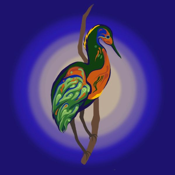Colorful stylized bird perched on a branch against a blue circular background.