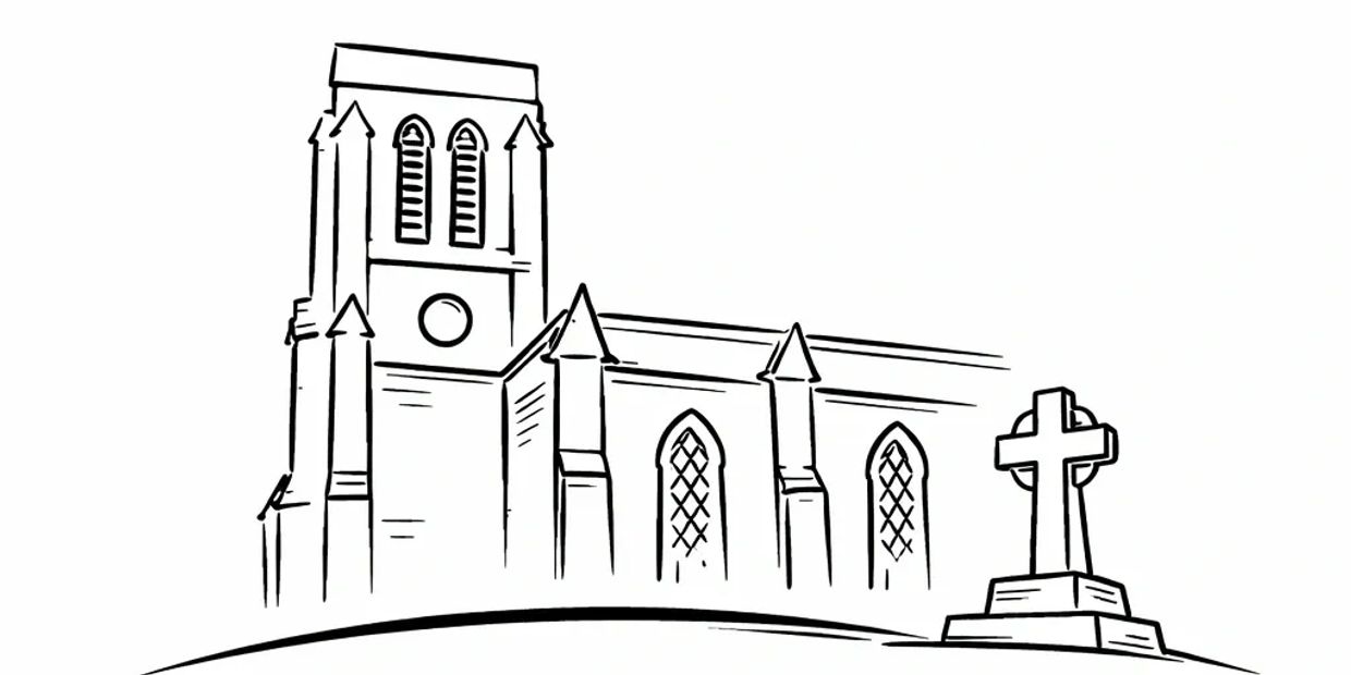 Black and white drawing of a church with a cross monument in front.