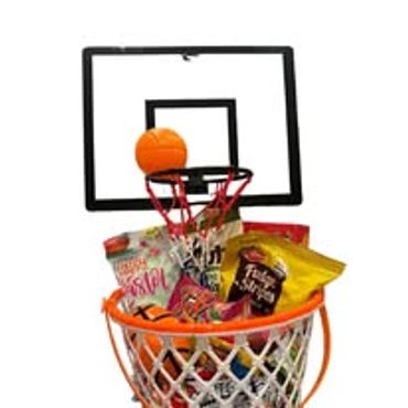 Gift basket shaped like a basketball hoop filled with snacks.