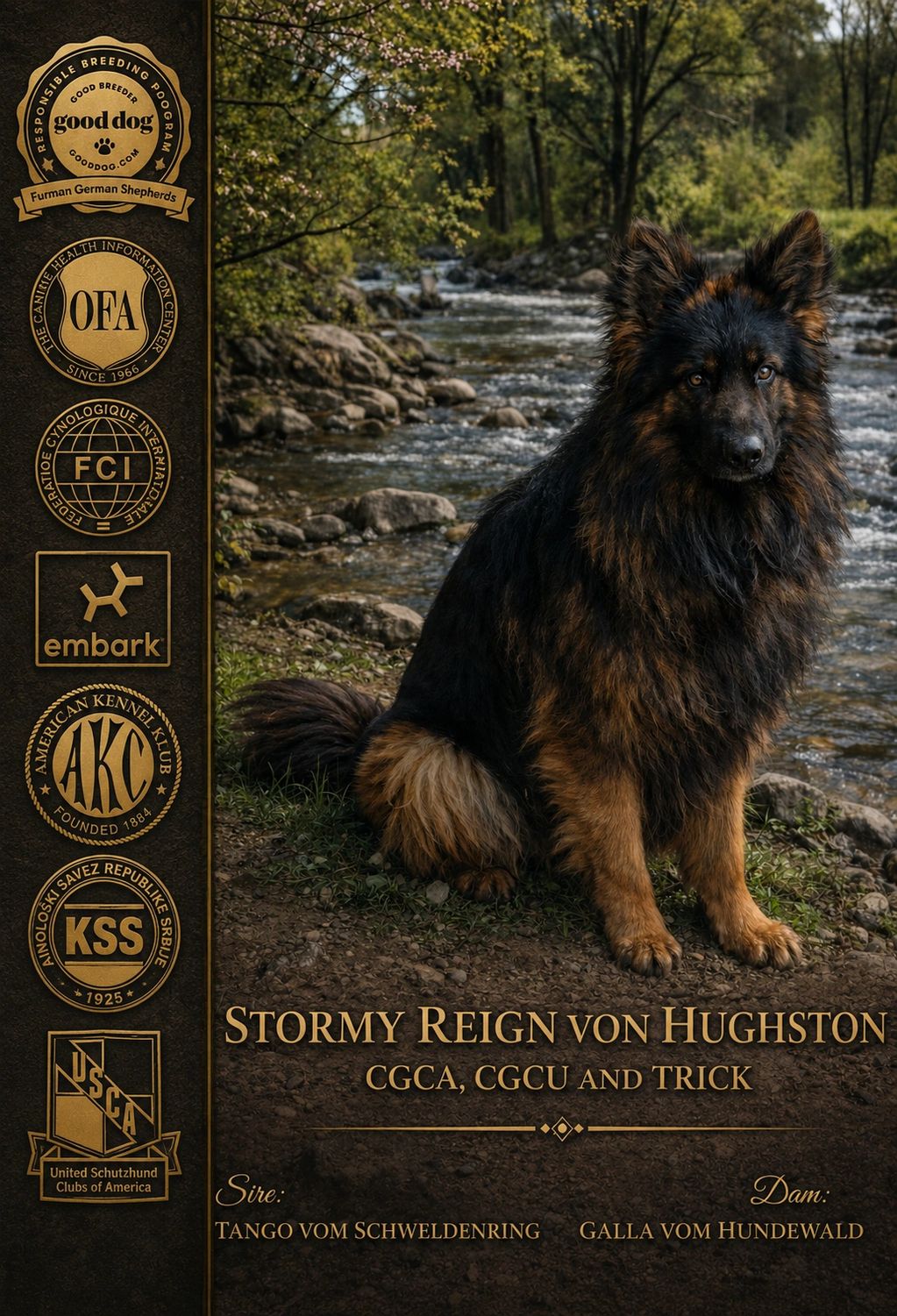 A fluffy German Shepherd sitting by a river.