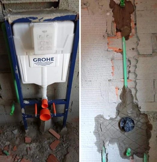 In-wall toilet cistern installation and plumbing setup in progress.