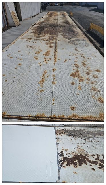Before and after sandblasted truck scale