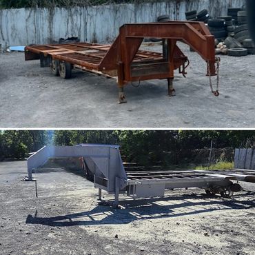 Before and after sandblasted trailer