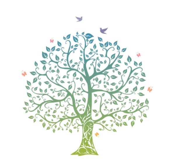 Artistic tree with intricate branches, leaves, and colorful butterflies and birds.