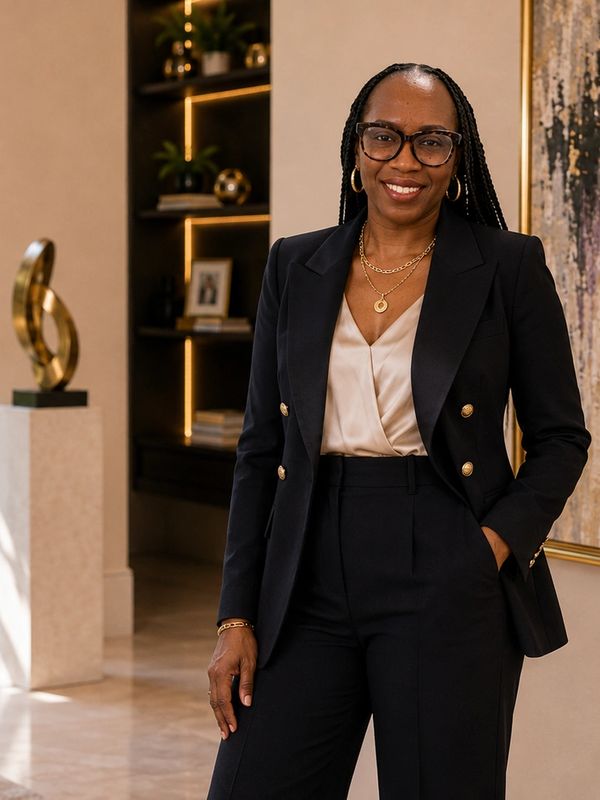 Professional woman in black suit smiling indoors.