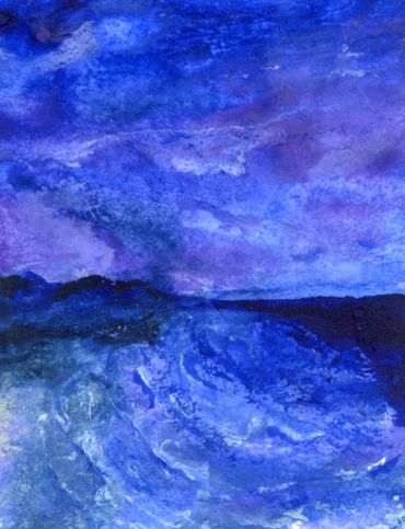 Tiny miniature gauche watercolor painting on 1 inch canvas nighttime dusk ocean scene