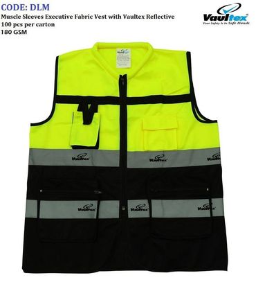 High-visibility muscle sleeves vest with reflective Vaultex strips and multiple pockets.