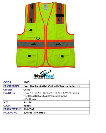 High-visibility yellow safety vest with reflective patches and multiple pockets.
