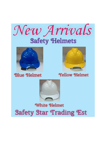 New arrivals of blue, yellow, and white safety helmets from Safety Star Trading Est.