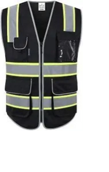 Reflective safety vest with multiple pockets and yellow stripes.