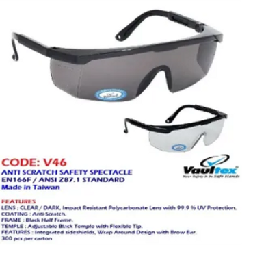 Anti-scratch safety glasses with clear/dark impact-resistant lenses and UV protection.