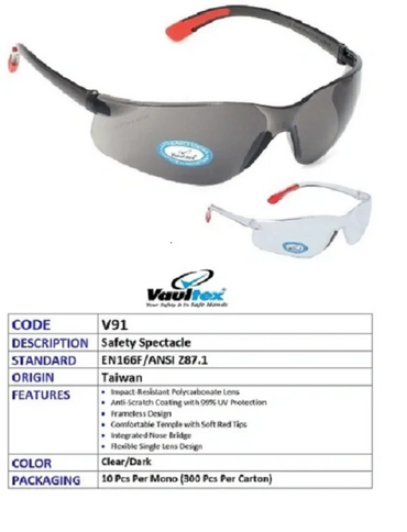 Safety spectacles with impact-resistant lenses and anti-scratch coating, designed for comfort and UV protection.