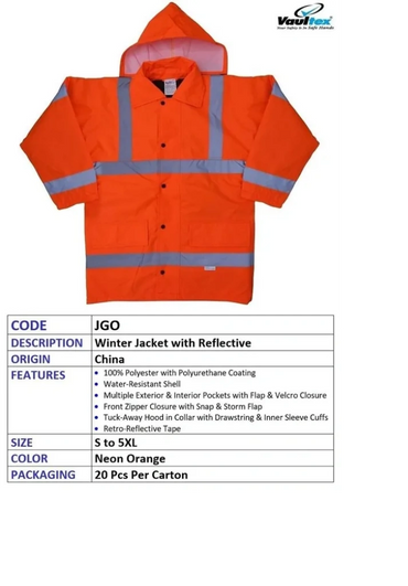 Neon orange winter jacket with reflective tape for safety and water resistance.