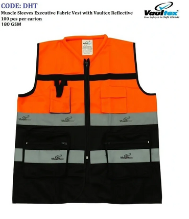 High-visibility orange and black safety vest with reflective stripes and multiple pockets.