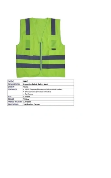 Bright yellow executive fabric safety vest with reflective stripes and multiple pockets.
