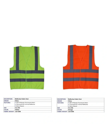 Two reflective safety vests in yellow and orange with gray stripes.