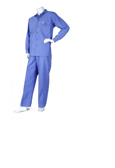 Blue two-piece uniform displayed on a mannequin with white background.