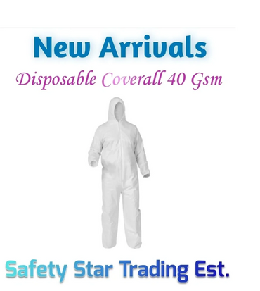 White disposable coverall advertised as new arrivals by Safety Star Trading Est.