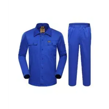 Bright blue work uniform set with long-sleeve shirt and pants.